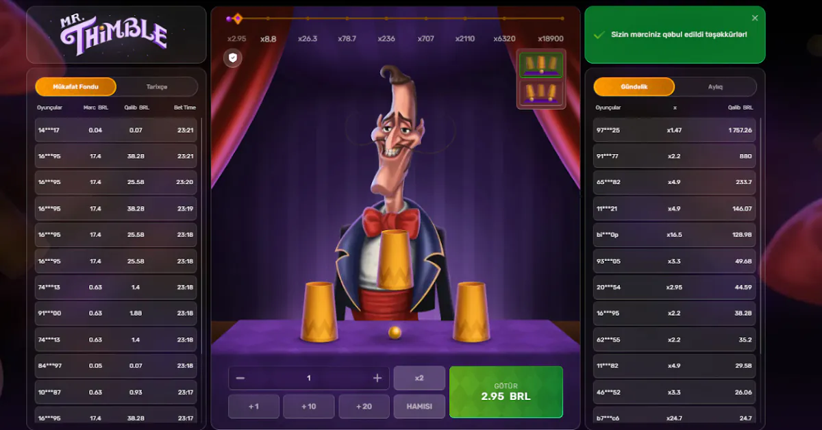 Mr. Thimble - Personagem de apresentador de circo no jogo Sr. Thimble, um jogo de cassino estilo thimbles.