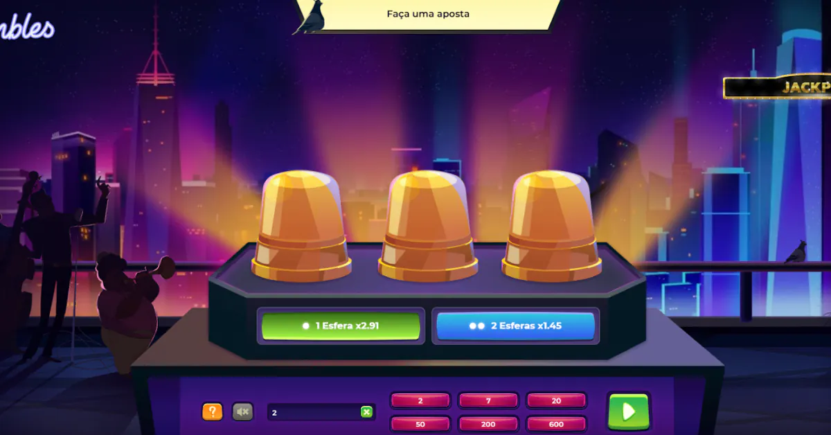 1xBet casino Thimbles - Jogo thimbles ambientado em um cenário urbano noturno, com opções de aposta em esferas e multiplicadores.