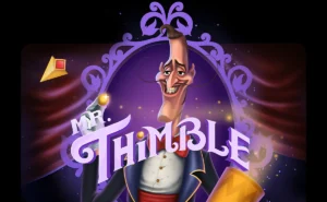 Mr. Thimbles Bet logo. A stylized character, “Mr. Thimble,” dressed as a magician with a tall hat, a red bowtie, and a mischievous grin, standing behind three golden thimbles on a purple table. Above him is the title “Mr. Thimble” in decorative text.